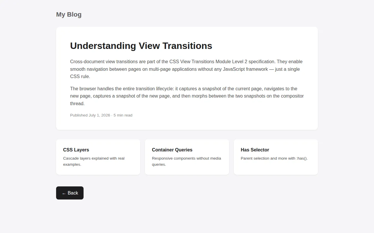 Blog article page after navigation