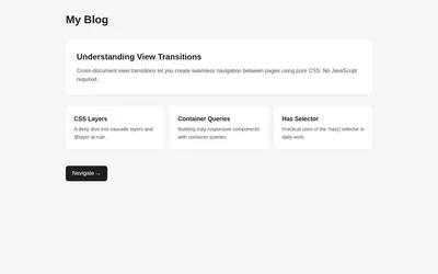 A blog homepage with featured article and article cards