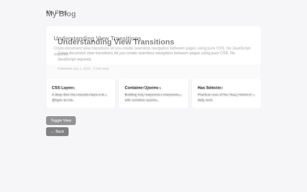Mid-transition between two views: old and new content blend frame-by-frame